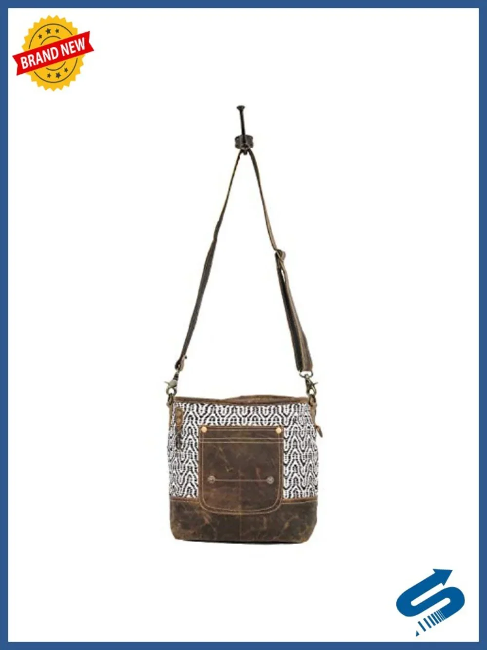 Canvas and Buffalo Leather Geometric Print Shoulder Crossbody Bag